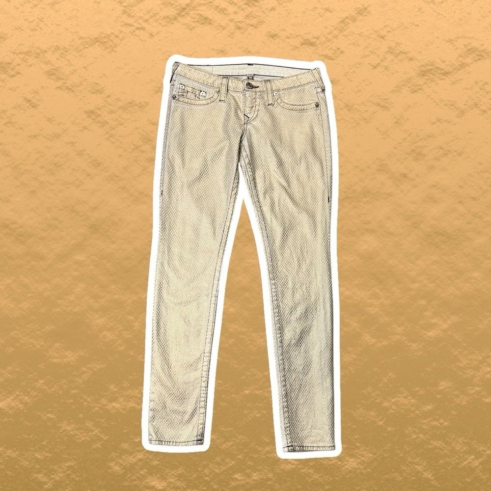 True Religion ‘Skinny Plum’ Skinny Jeans in “Gold Fishnet Scales Print” Size 29